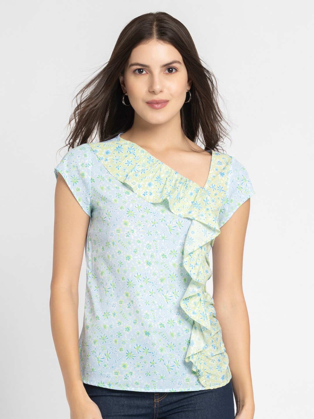 

SHAYE Floral Print V-Neck Short Sleeves Top, Blue