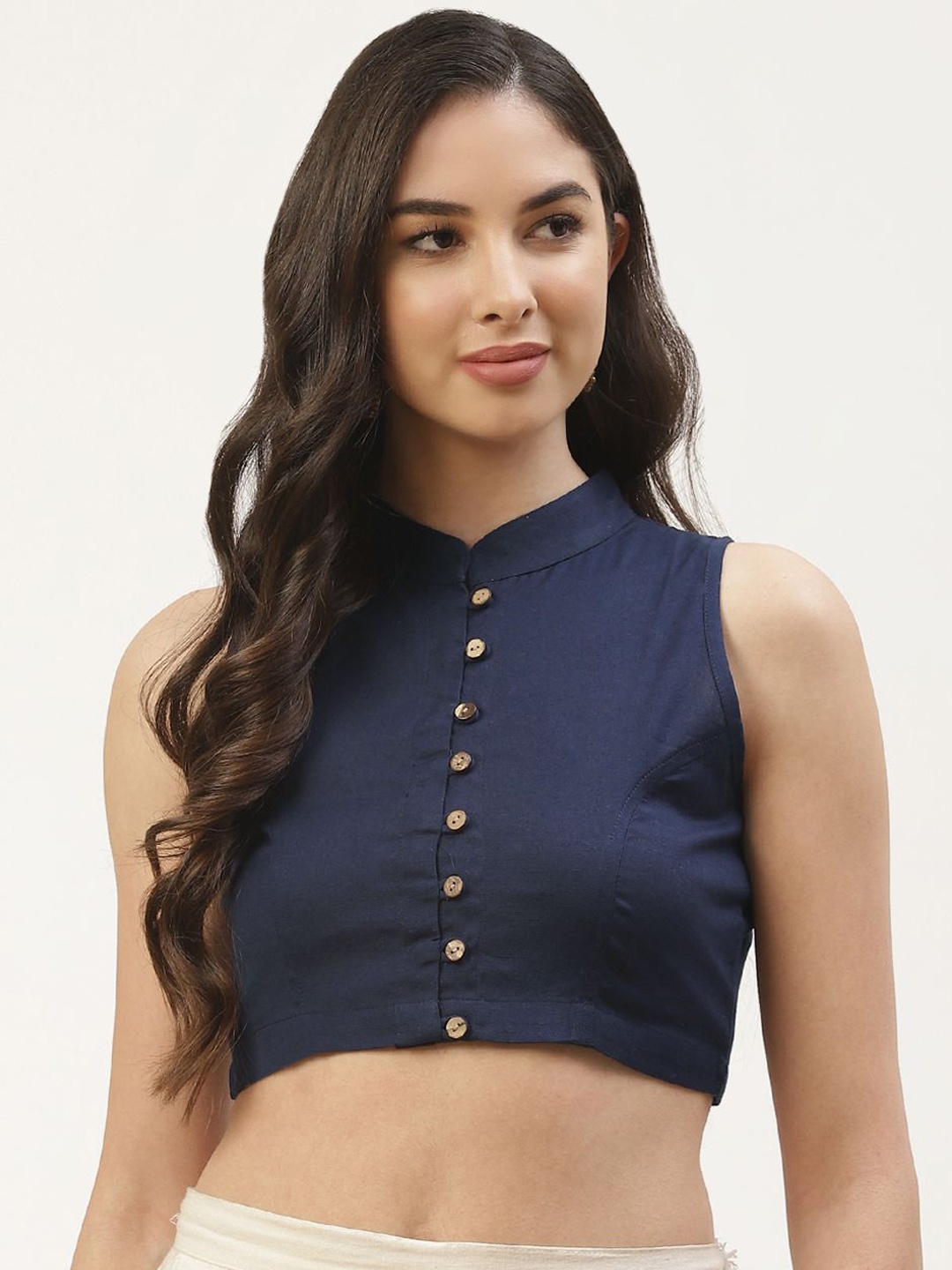 

Molcha Women Mandarin Collar Non-Padded Saree Blouse, Blue