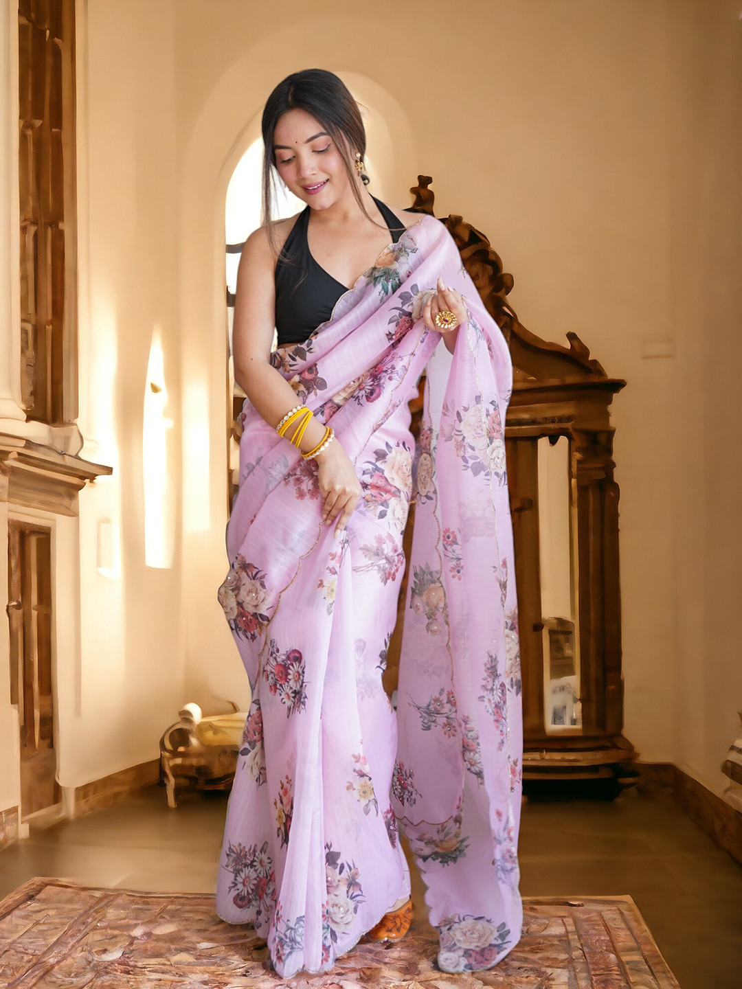 

Vastrasky Global Ethnic Motifs Beads and Stones Organza Saree, Pink