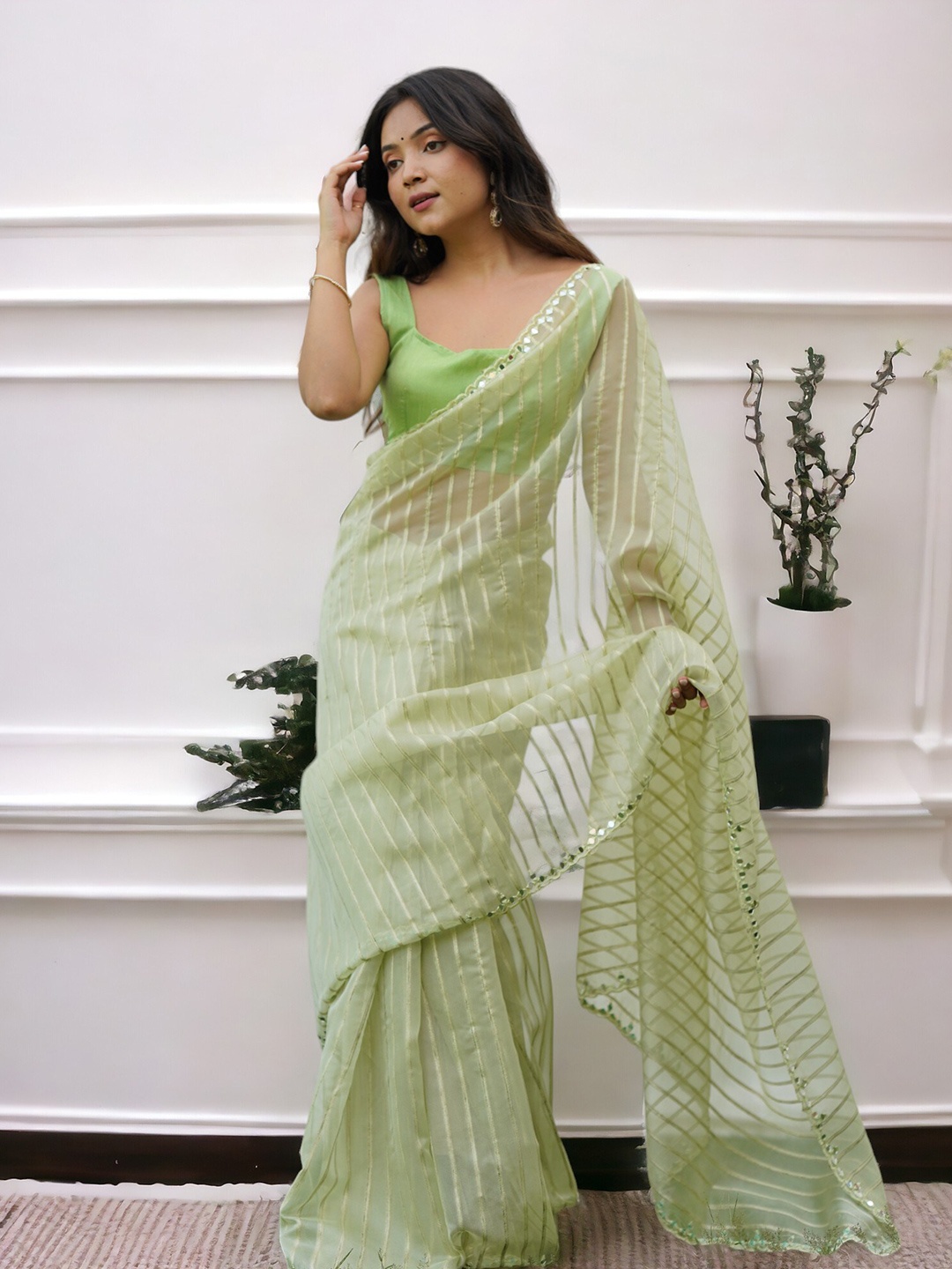 

Vastrasky Global Striped Mirror Work Organza Saree, Green