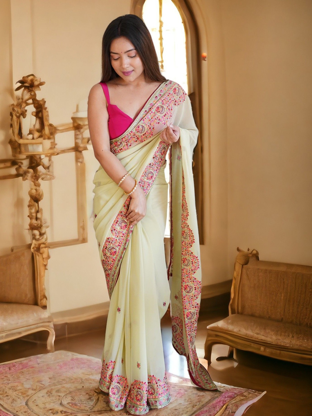 

Vastrasky Global Ethnic Motifs Embroidered Organza Saree, Yellow
