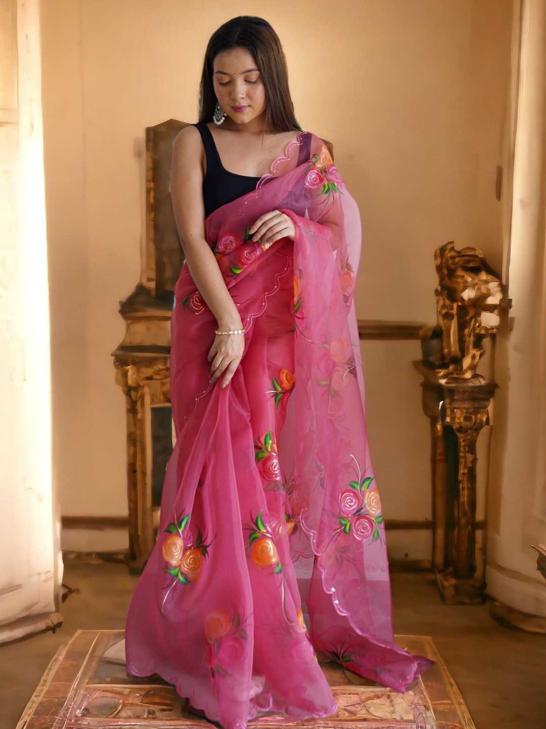 

Vastrasky Global Floral Embroidered Organza Saree With Blouse Piece, Pink