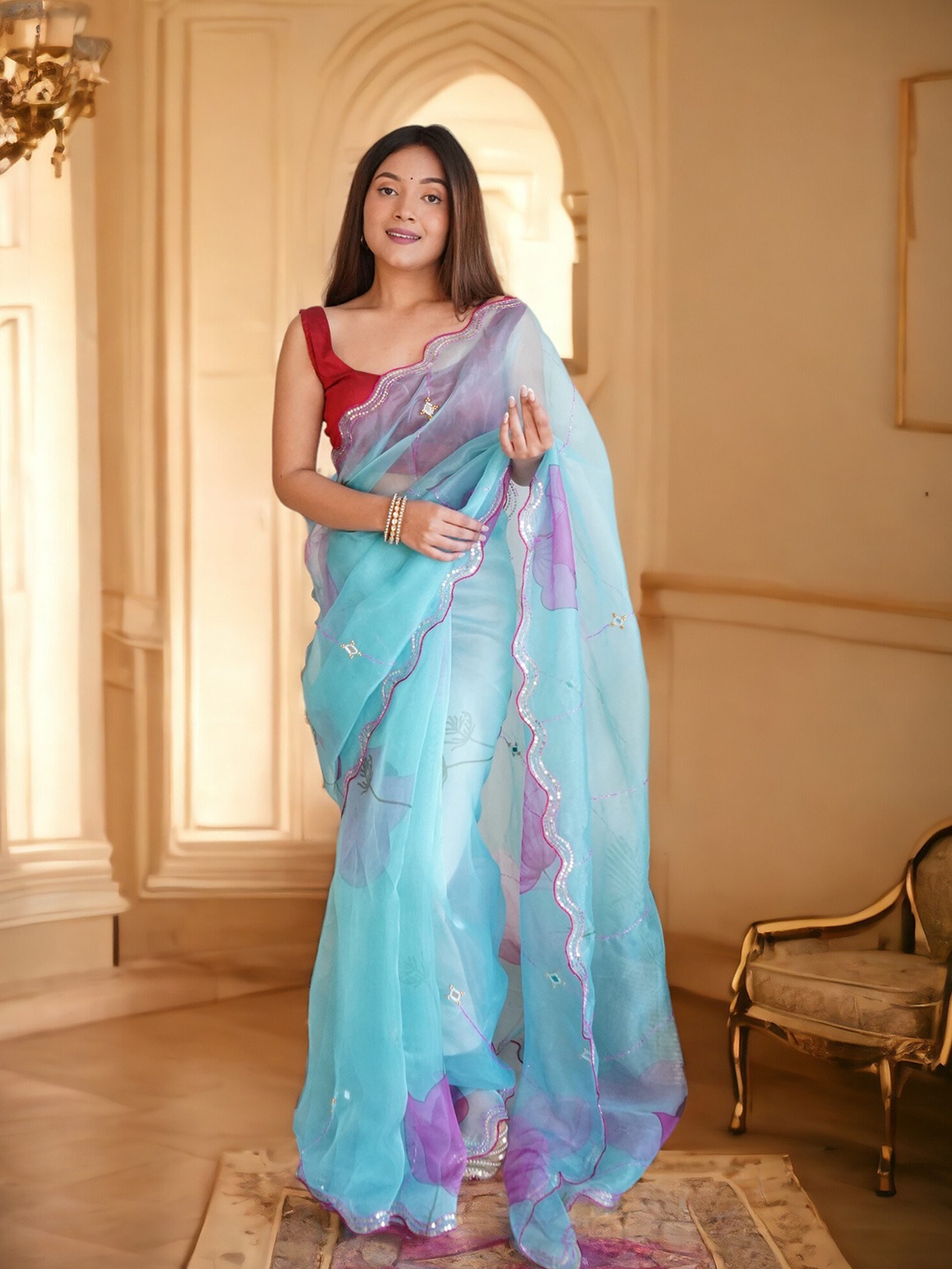 

Vastrasky Global Ethnic Motifs Beads and Stones Organza Saree, Blue