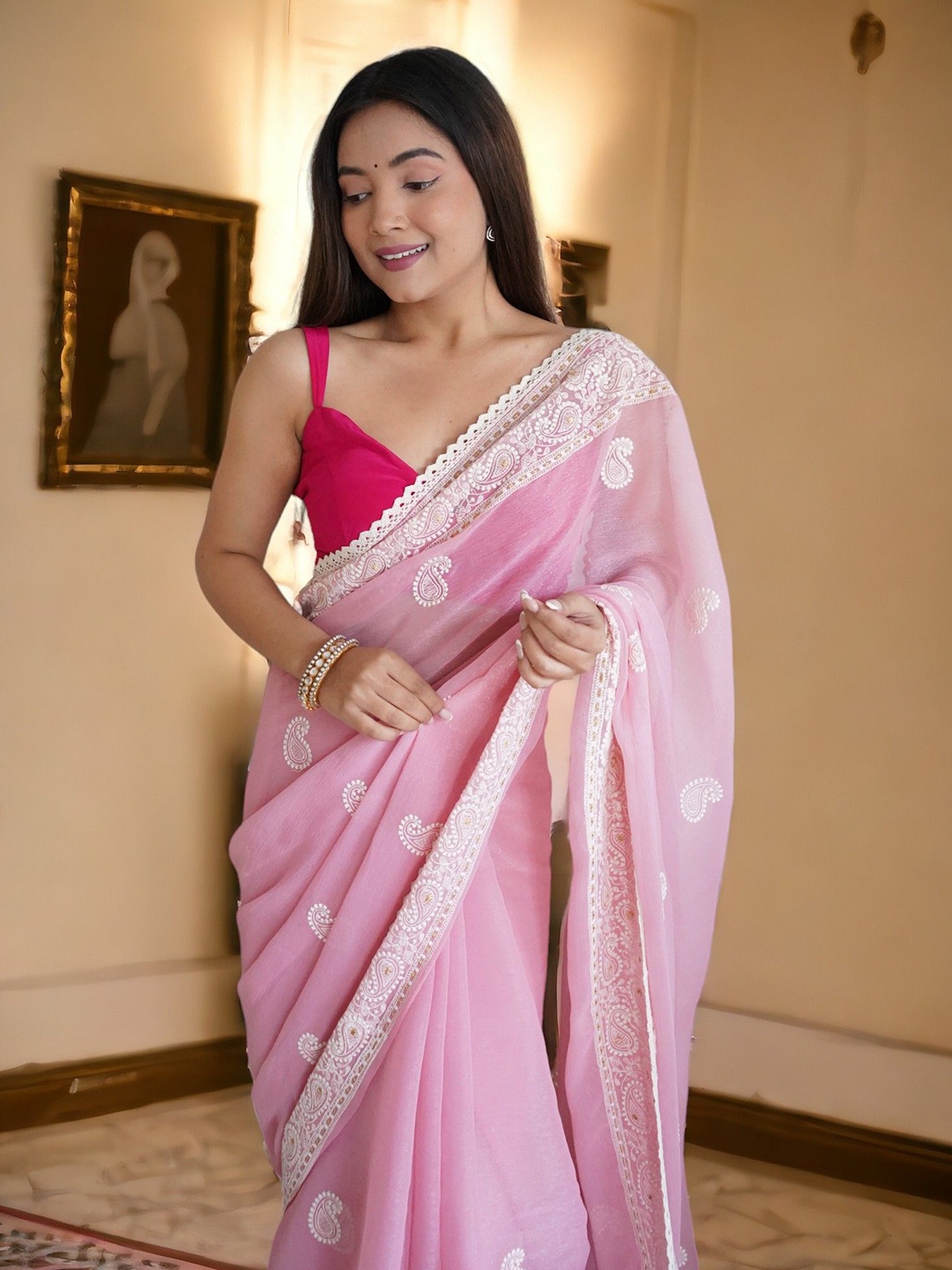 

Vastrasky Global Floral Embroidered Organza Saree, Pink