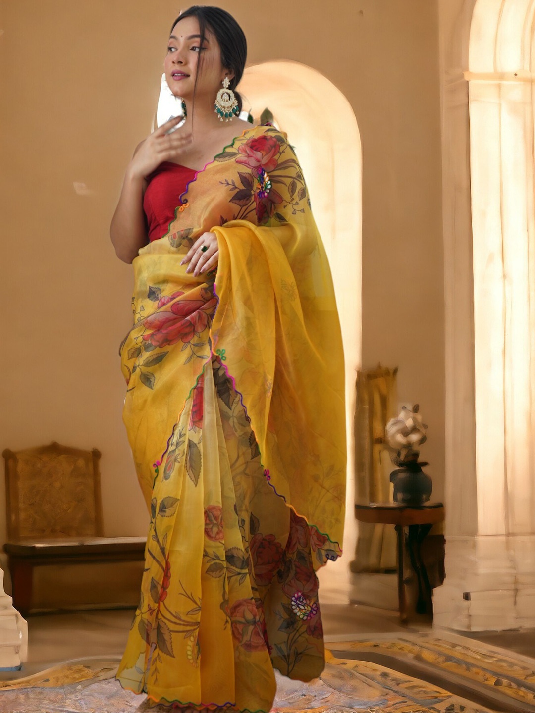 

Vastrasky Global Floral Embroidered Organza Saree, Yellow