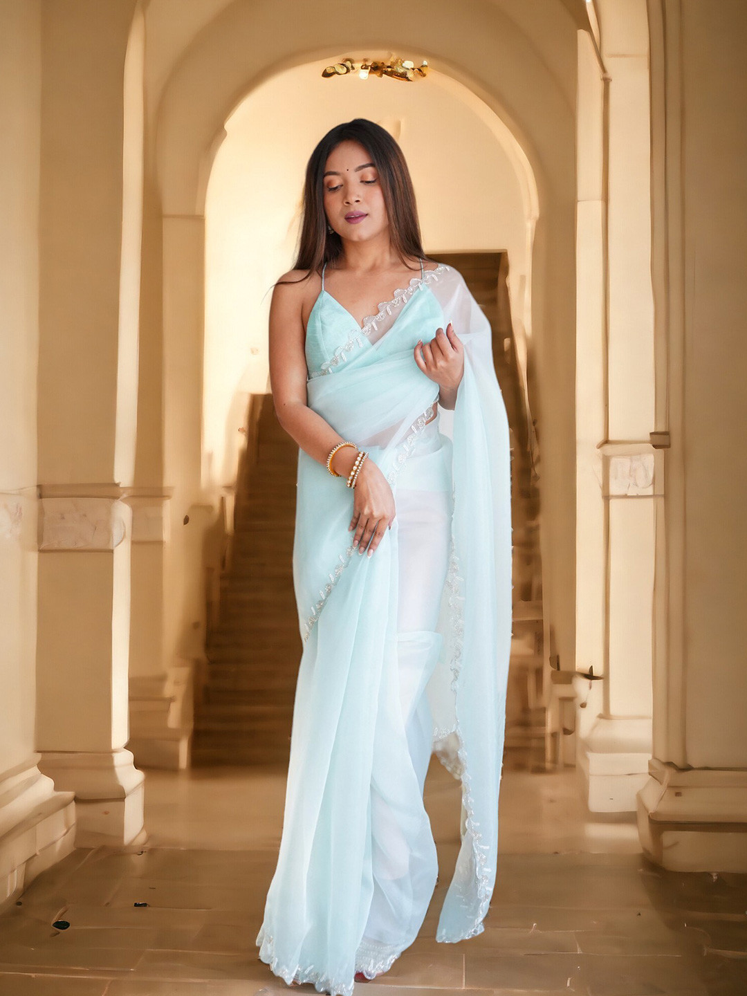 

Vastrasky Global Beads and Stones Organza Saree, Blue