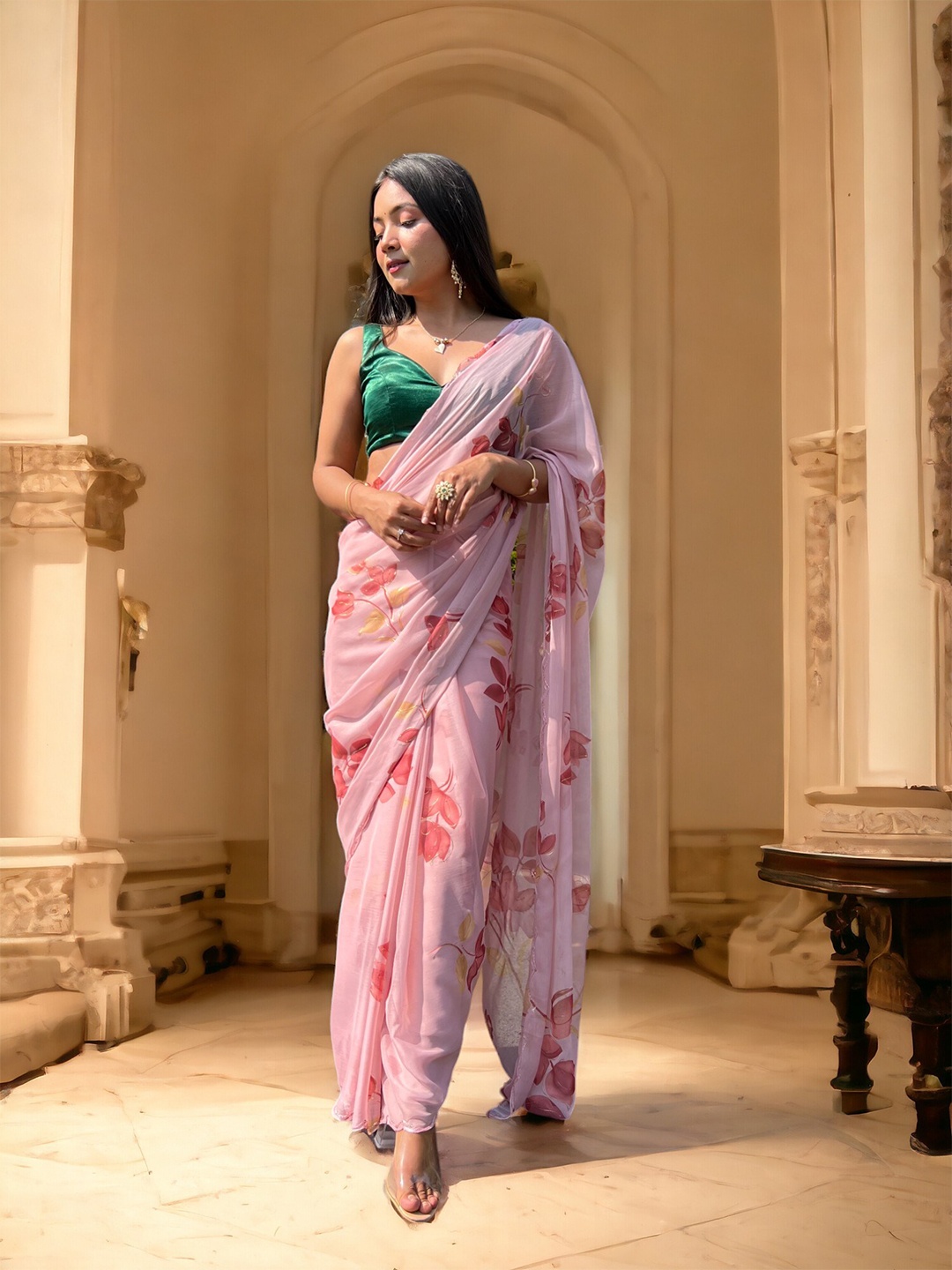 

Vastrasky Global Floral Embroidered Organza Saree, Pink