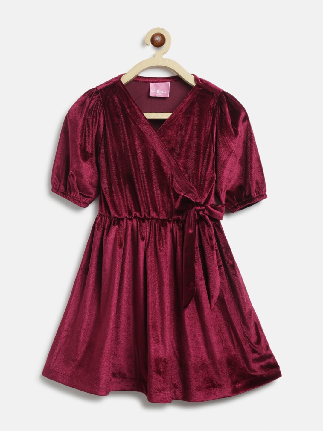 

TALES & STORIES Girls Solid Puff Sleeve Gathered or Pleated Knee Length WrapDress, Maroon