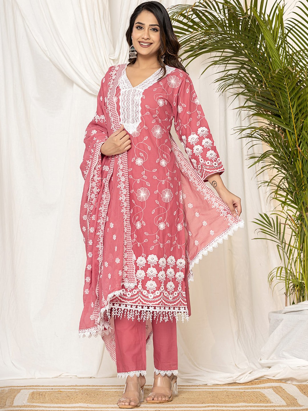 

Indo Era Women Ethnic Motifs Embroidered Pure Cotton Kurta with Trousers & With Dupatta, Rust