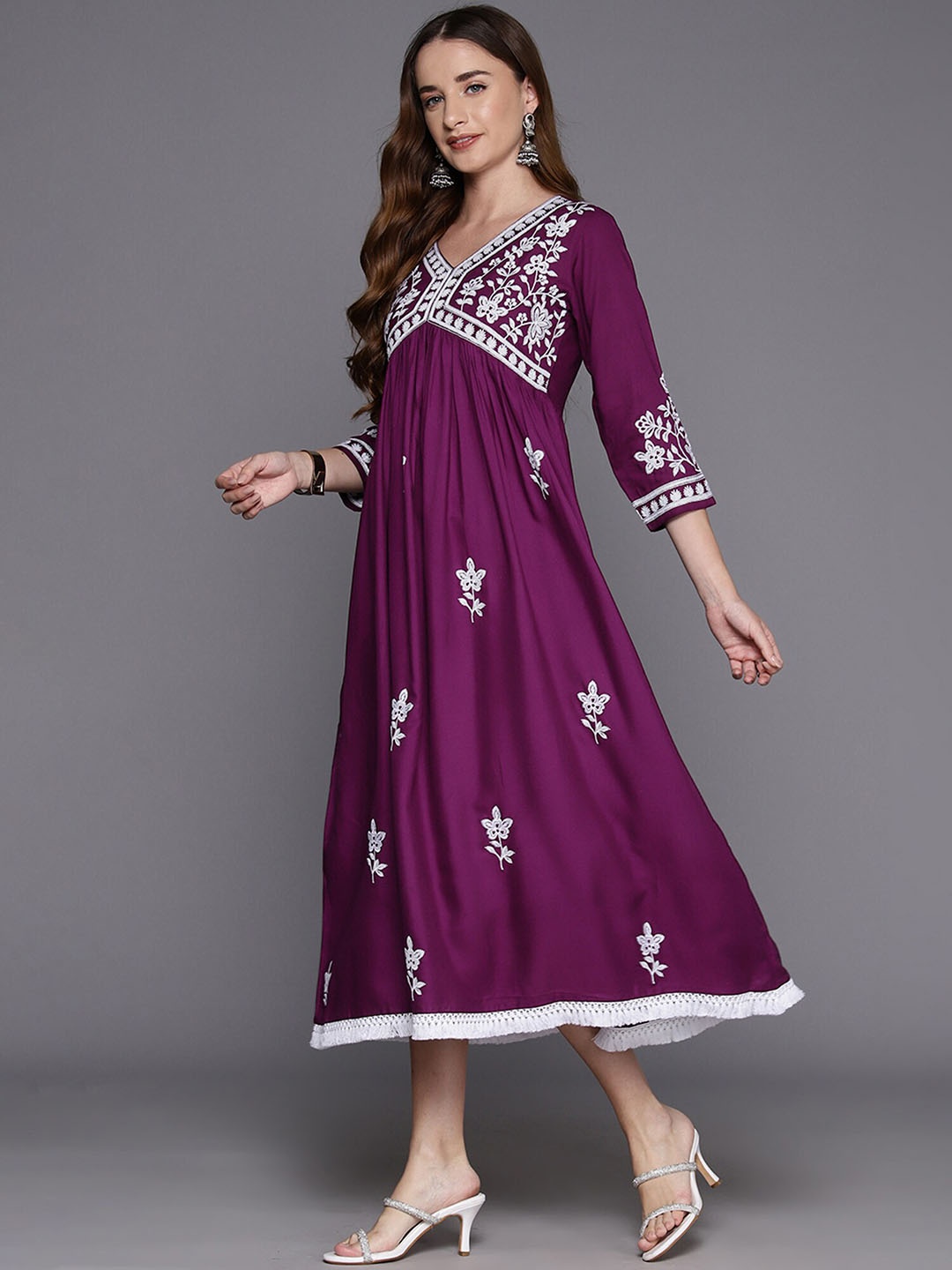 

Indo Era Women Embroidered A-Line Kurtas, Burgundy