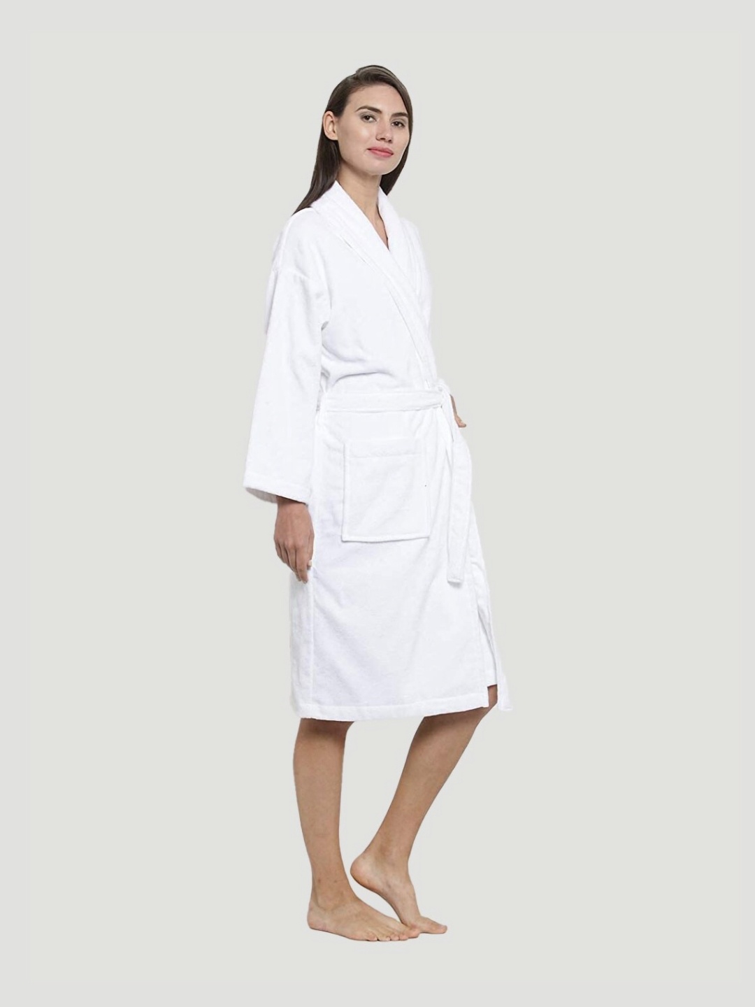 

MYTRIDENT Women White Cotton Bath Robe with 2 front pockets