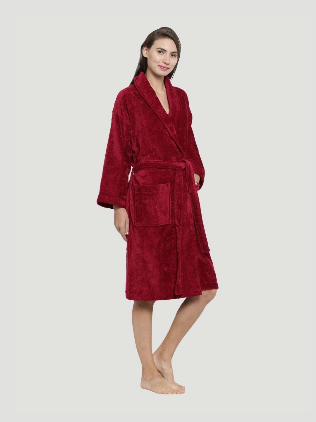 

MYTRIDENT 350 GSM Cotton Bath Robe With 2 Front Pockets, Red