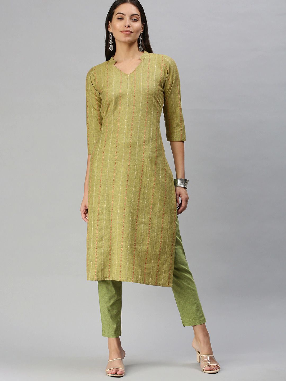 

KALINI Women Regular Thread Work Kurta with Trousers, Olive