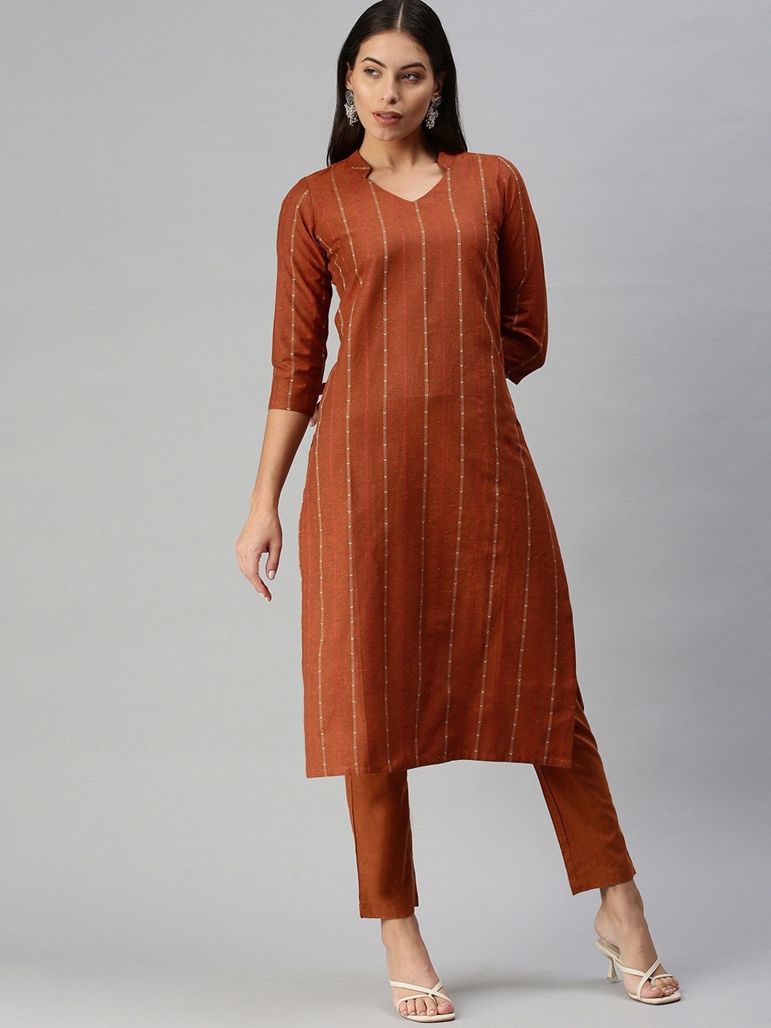 

KALINI Women Striped Regular Thread Work Kurta with Trousers, Rust