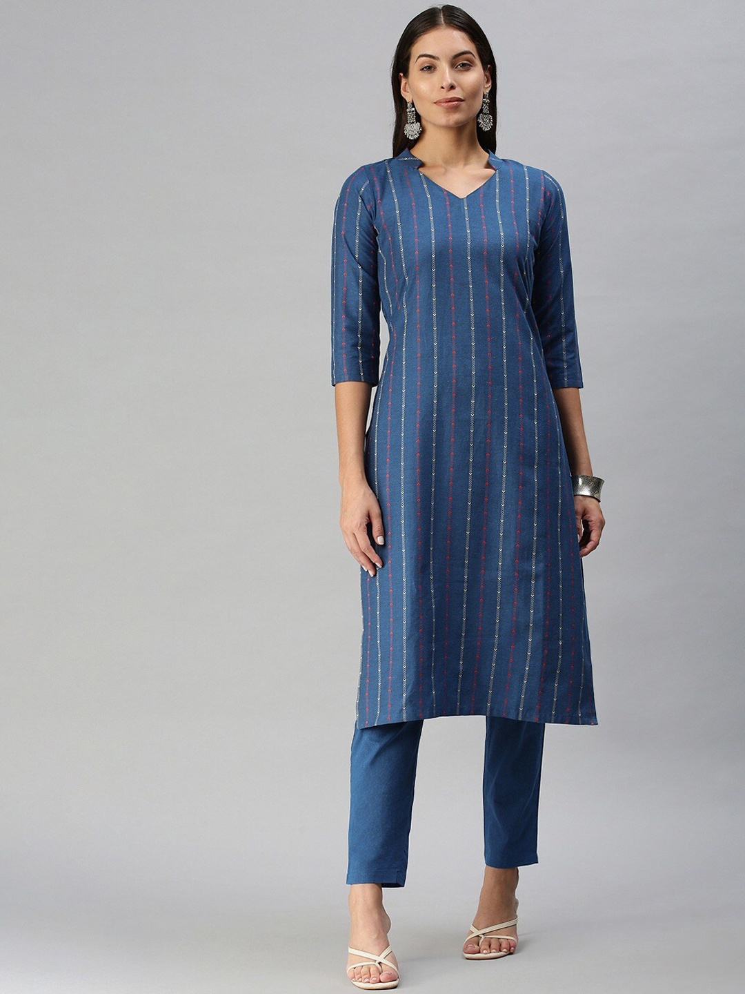 

KALINI Striped band Collar Regular Thread Work Straight Kurta With Trousers, Teal