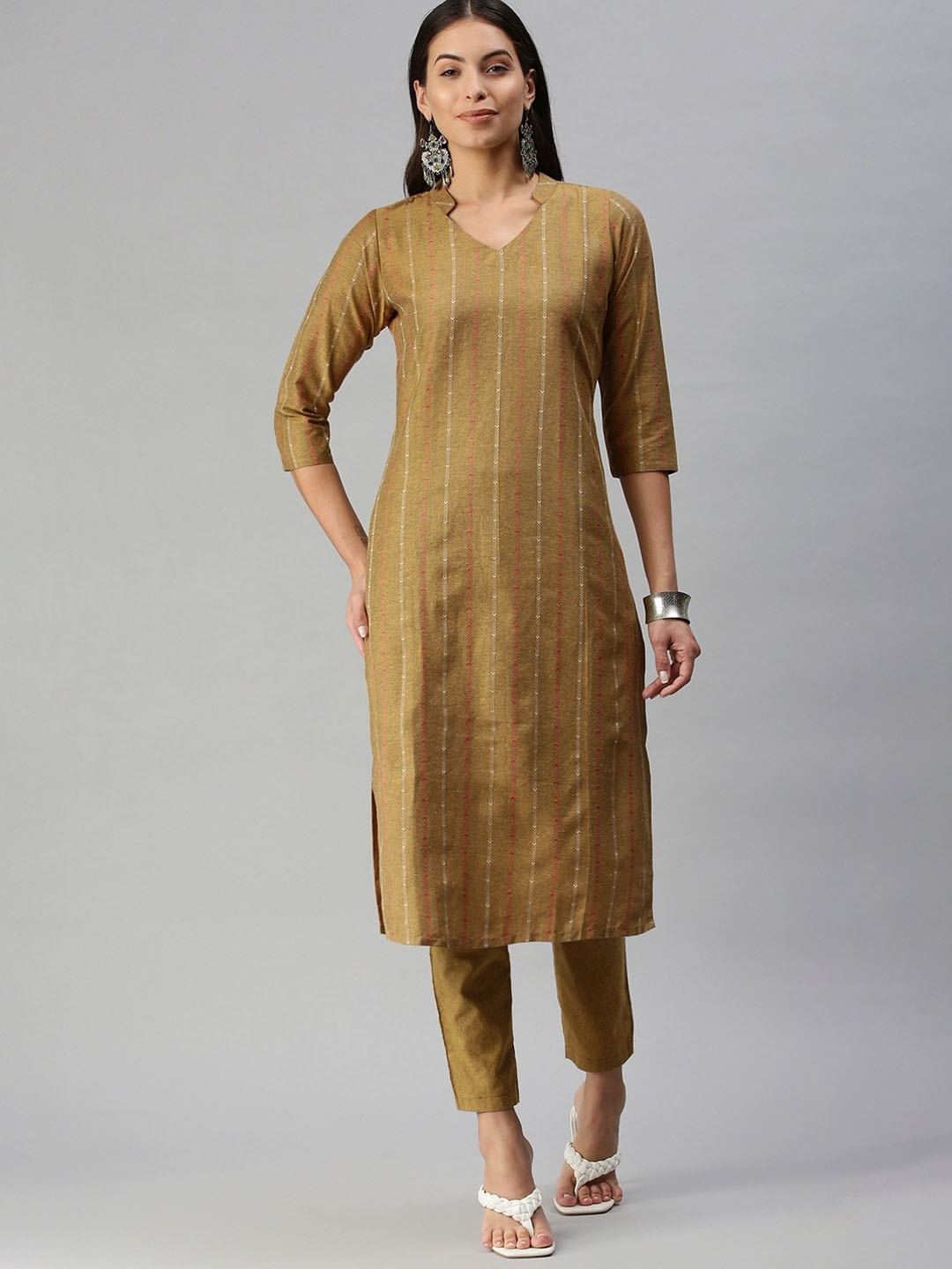 

KALINI Women Regular Thread Work Kurta with Trousers, Yellow