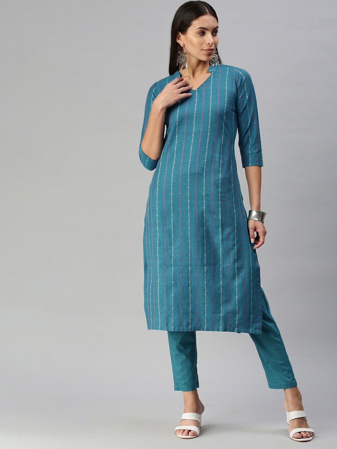 

KALINI Women Striped Regular Thread Work Kurta with Trousers, Blue