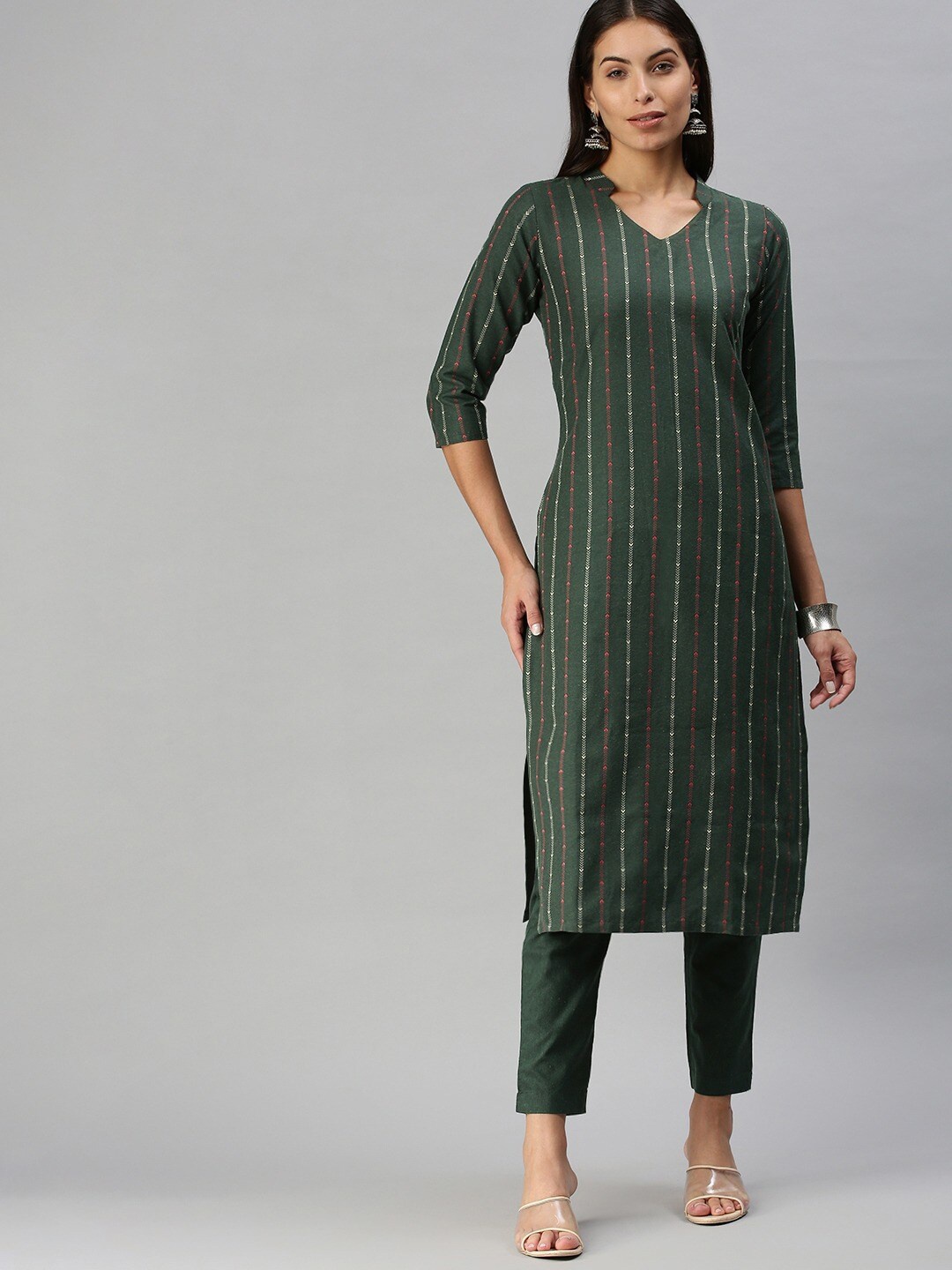 

KALINI Striped Regular Thread Work Band Collar Straight Kurta With Trousers, Green