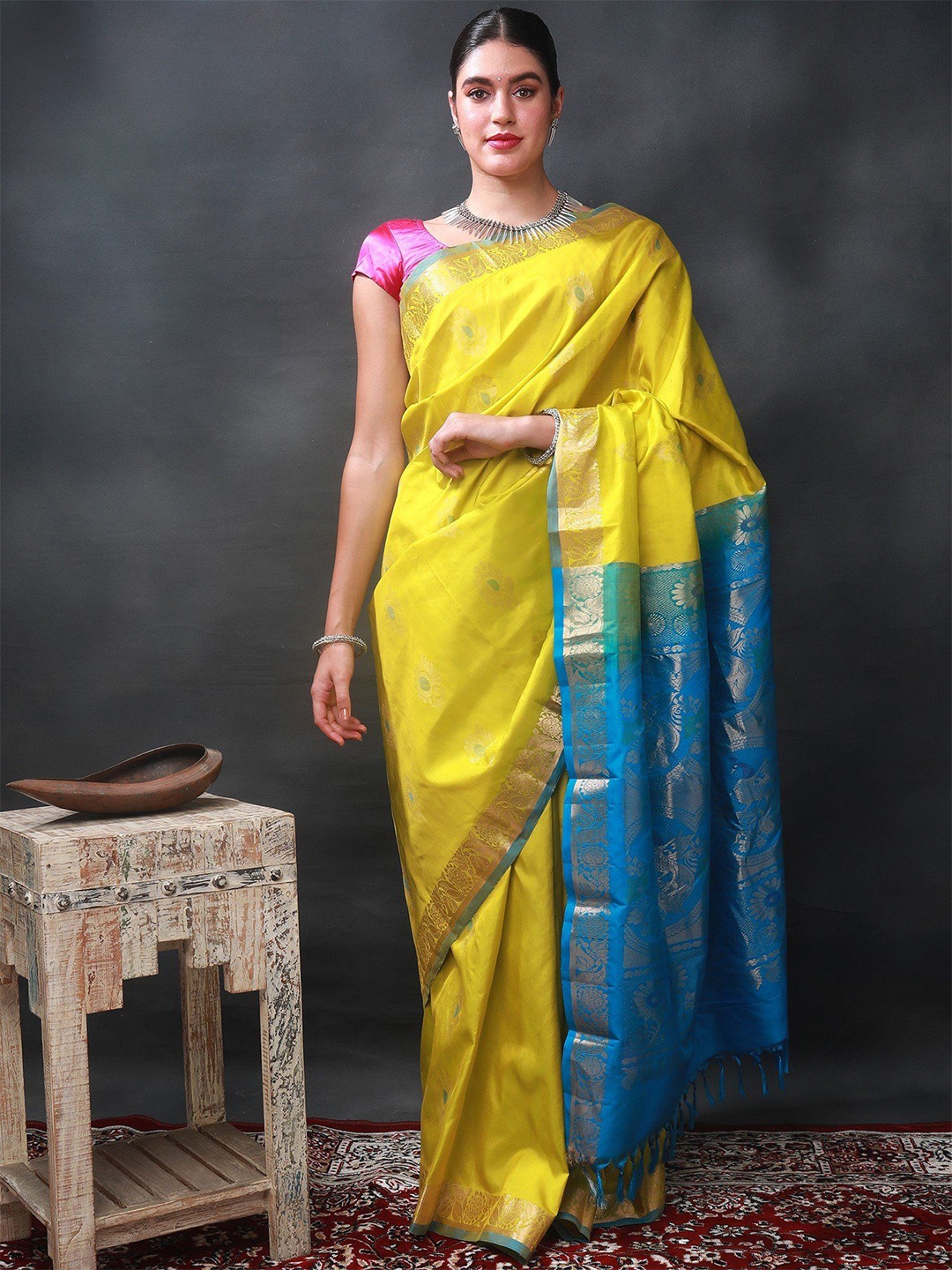

Exotic India Ethnic Motifs Zari Pure Silk Kanjeevaram Saree, Yellow