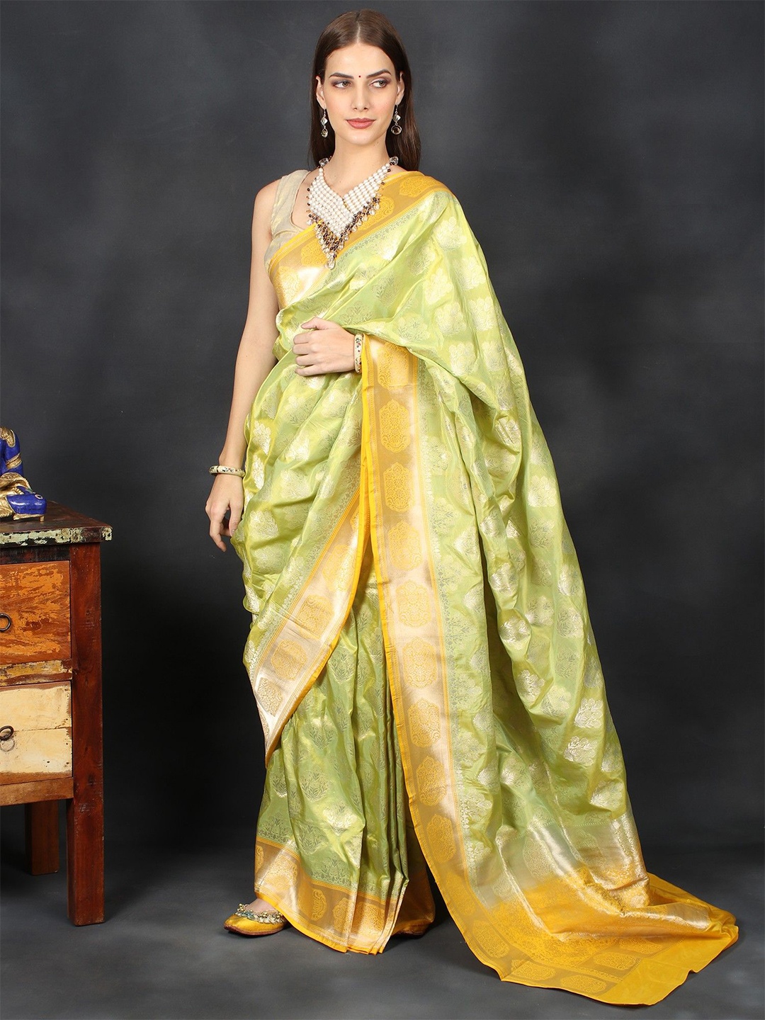 

Exotic India Floral Zari Art Silk Banarasi Saree, Lime green