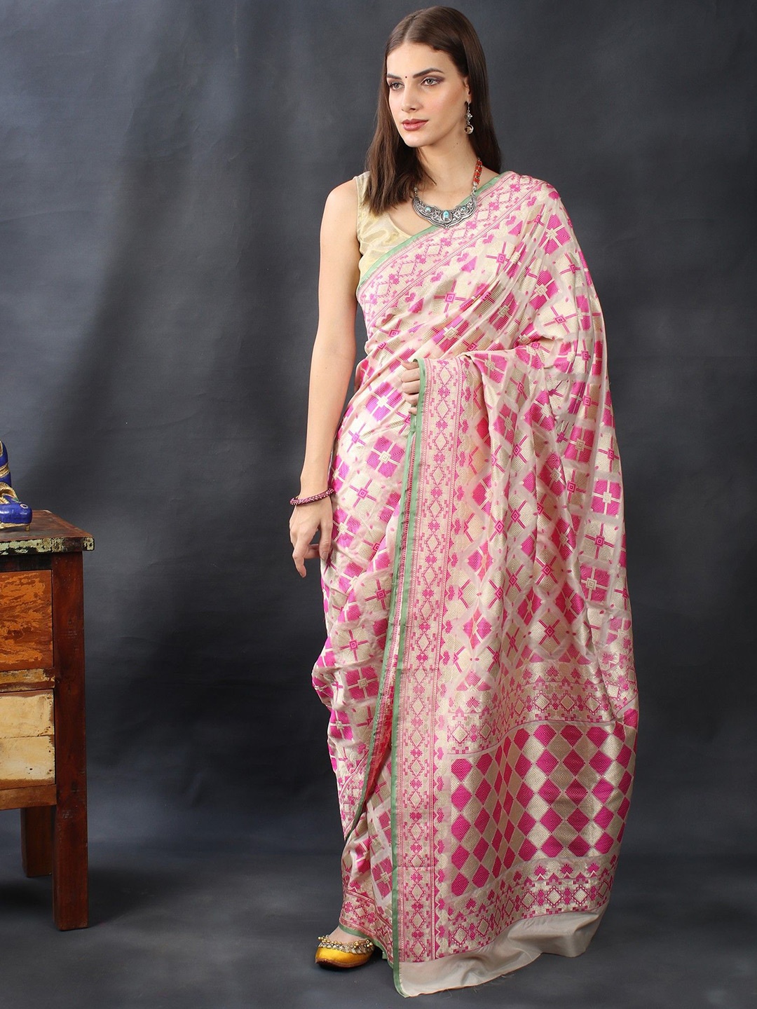 

Exotic India Ethnic Motifs Zari Pure Chiffon Banarasi Saree, Beige