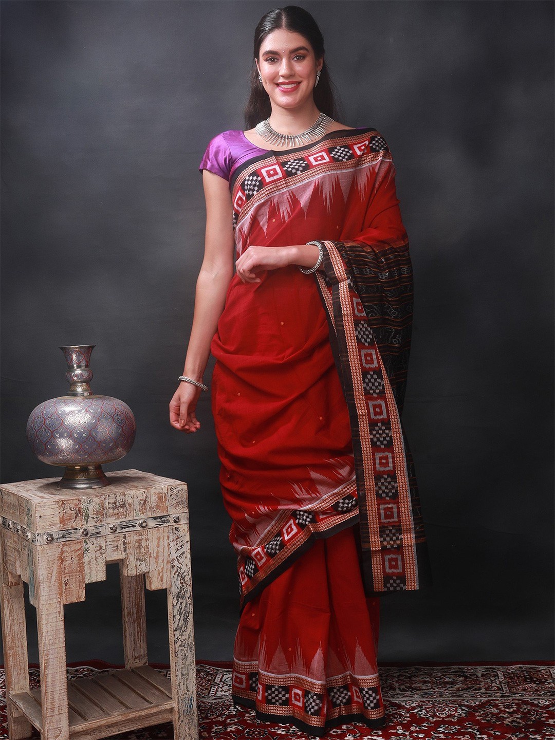 

Exotic India Ethnic Motifs Pure Cotton Ikat Saree, Red