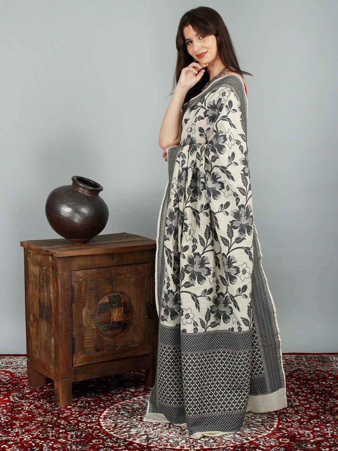 

Exotic India Floral Pure Silk Muga Saree, White