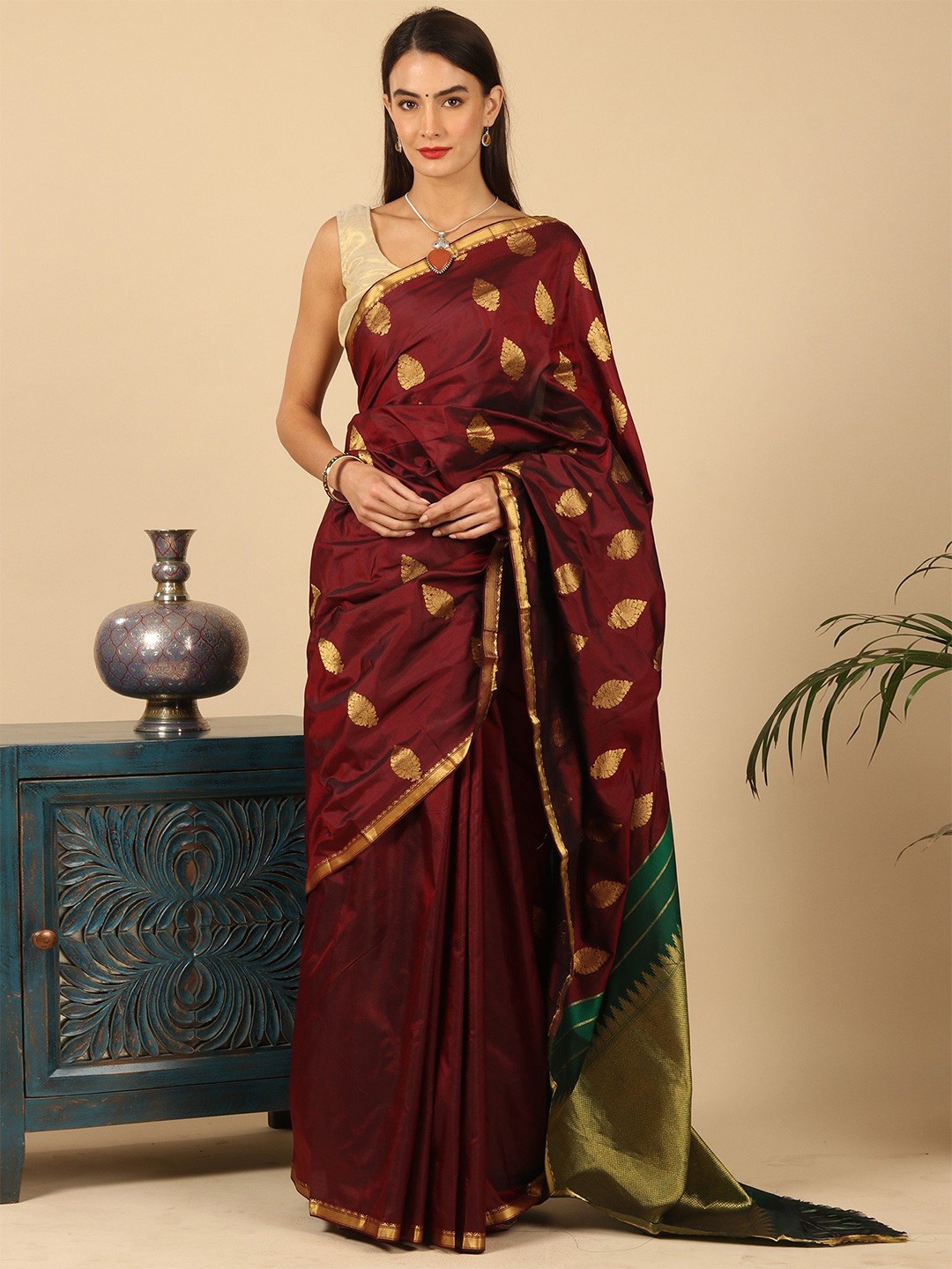 

Exotic India Ethnic Motifs Pure Silk Kanjeevaram Saree, Burgundy
