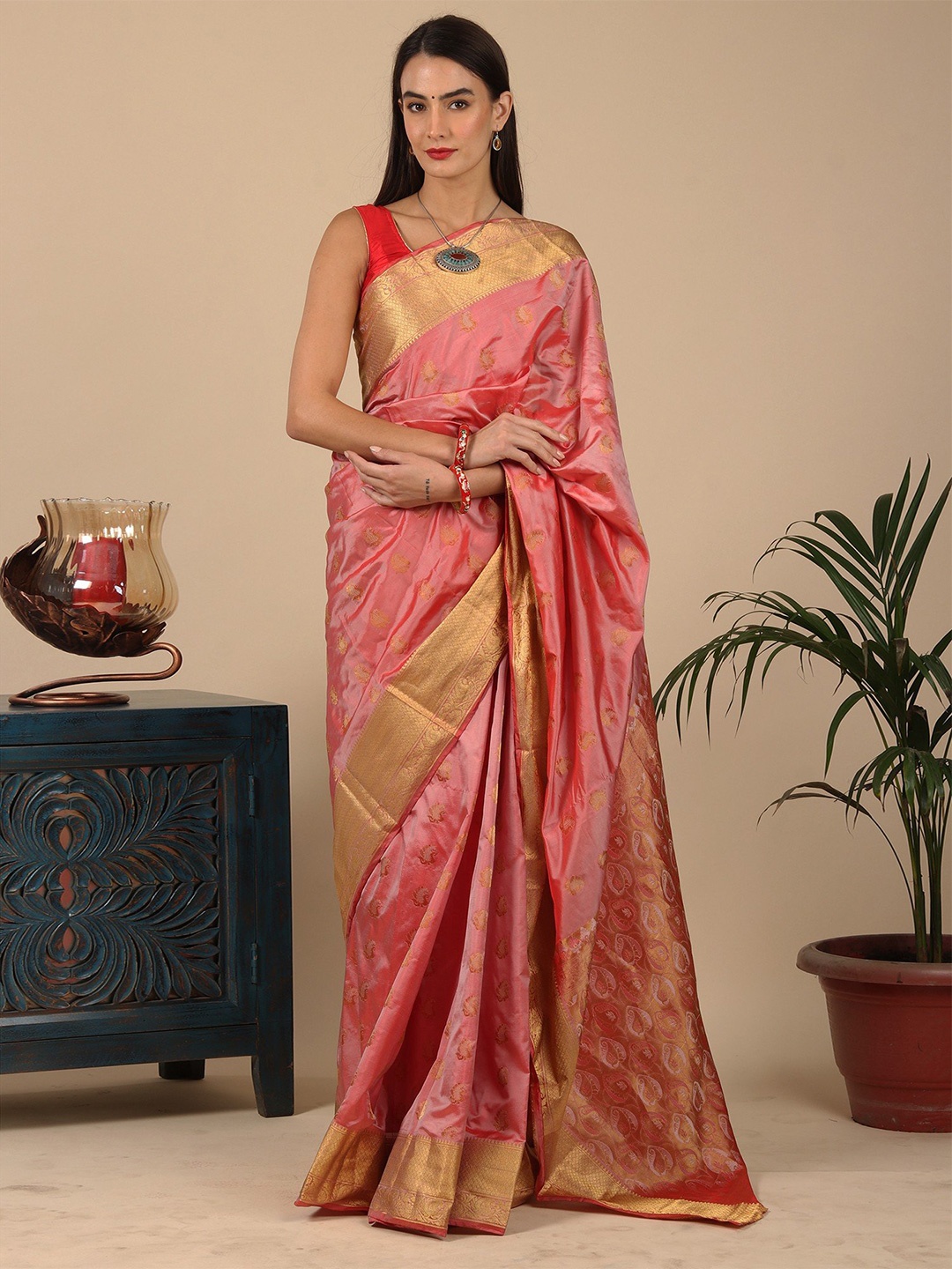 

Exotic India Ethnic Motifs Zari Pure Silk Kanjeevaram Saree, Coral