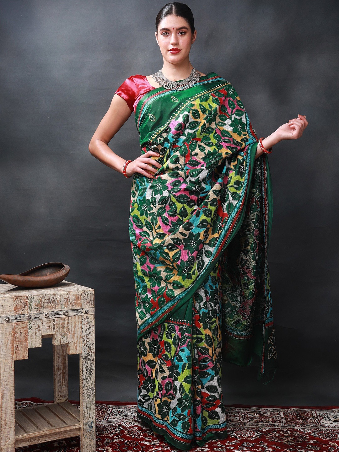 

Exotic India Ethnic Motifs Kantha Work Pure Silk Saree, Green