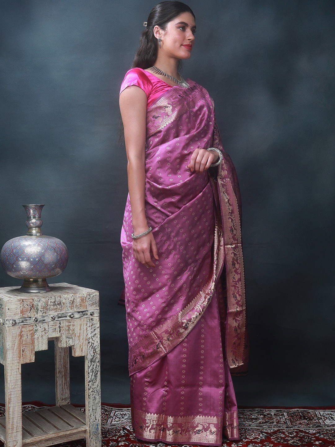 

Exotic India Ethnic Motifs Zari Baluchari Saree, Mauve