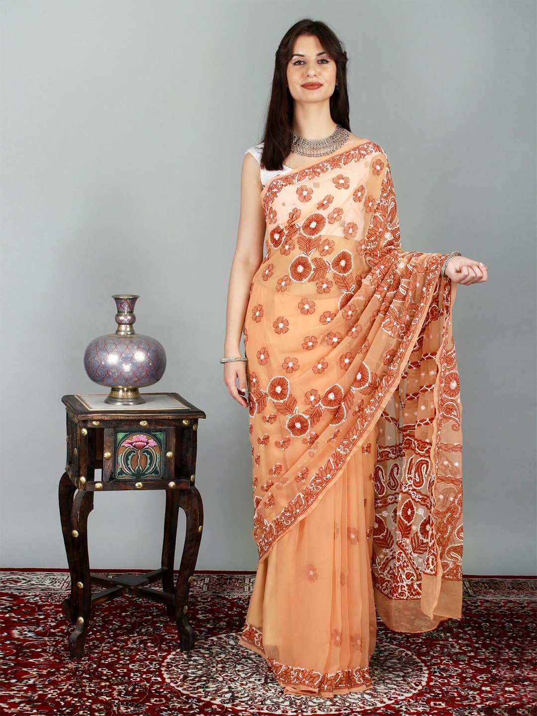 

Exotic India Apricot Wash Saree with Floral-Paisley Lukhnavi Chikan Embroidery, Orange