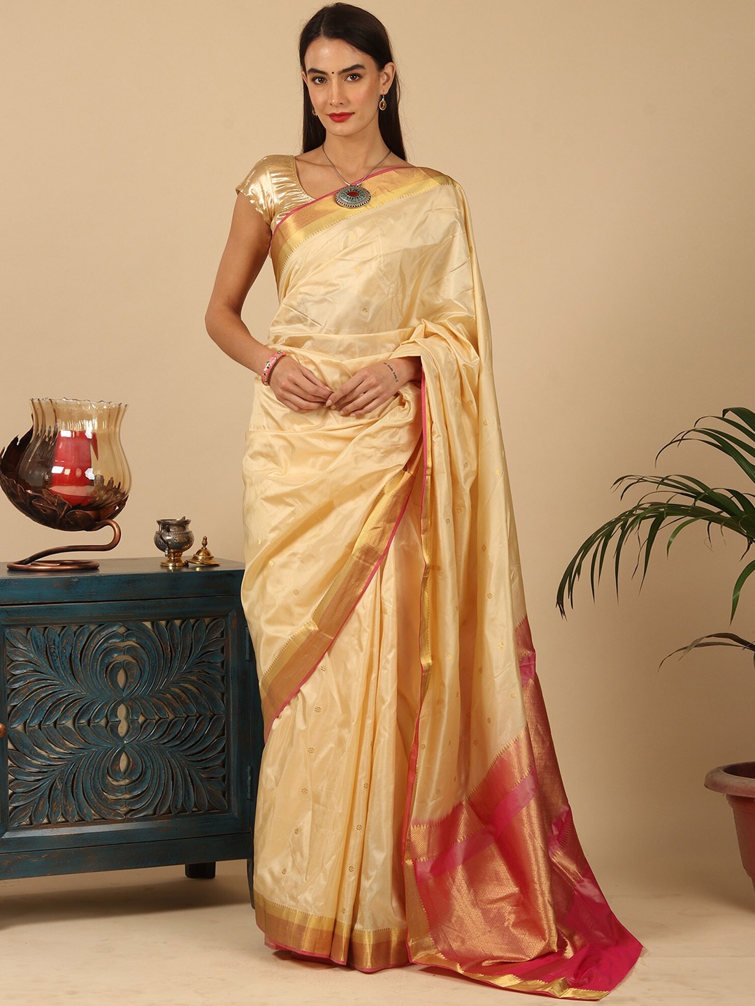 

Exotic India Ethnic Motifs Pure Silk Banarasi Saree, Beige