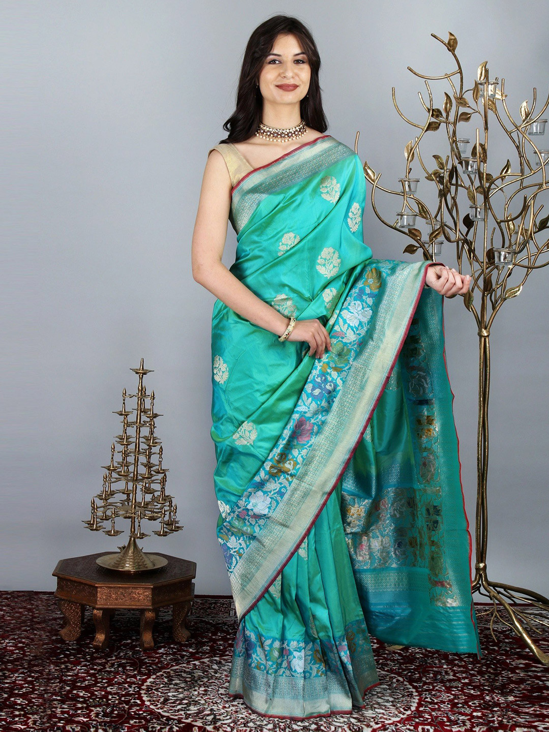 

Exotic India Ethnic Motifs Zari Pure Silk Banarasi Saree, Turquoise blue