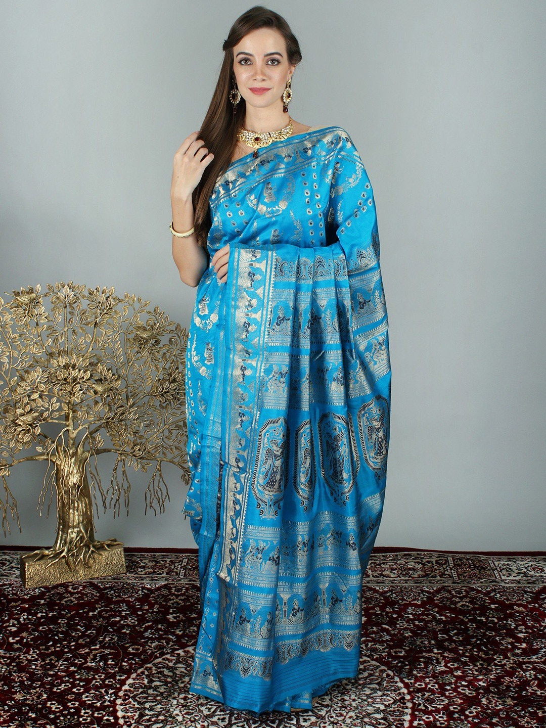

Exotic India Ethnic Motifs Zari Pure Silk Baluchari Saree, Blue