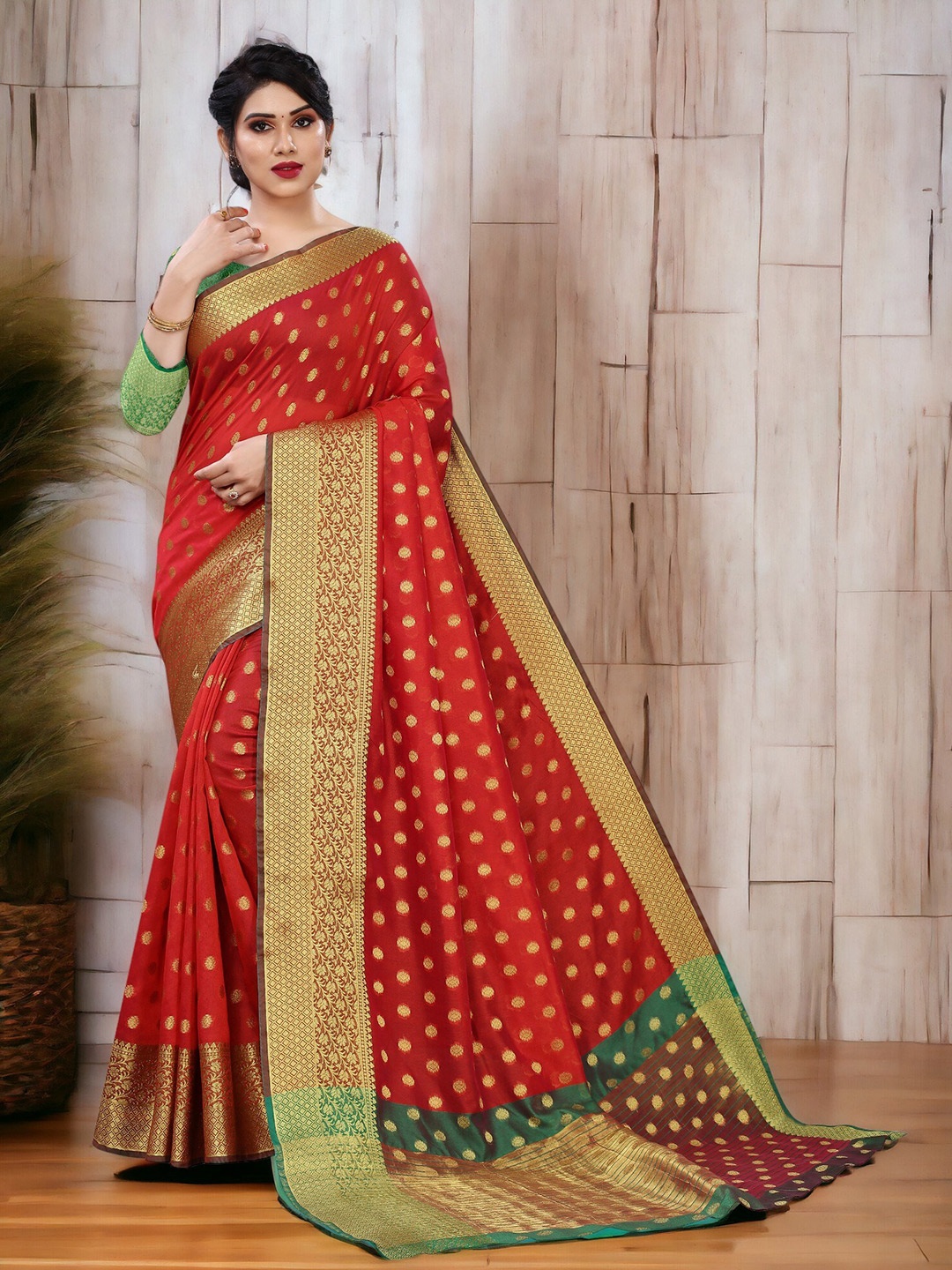 CARTYSHOP Woven Design Zari Silk Blend Banarasi Saree With Blouse Piece, Red
