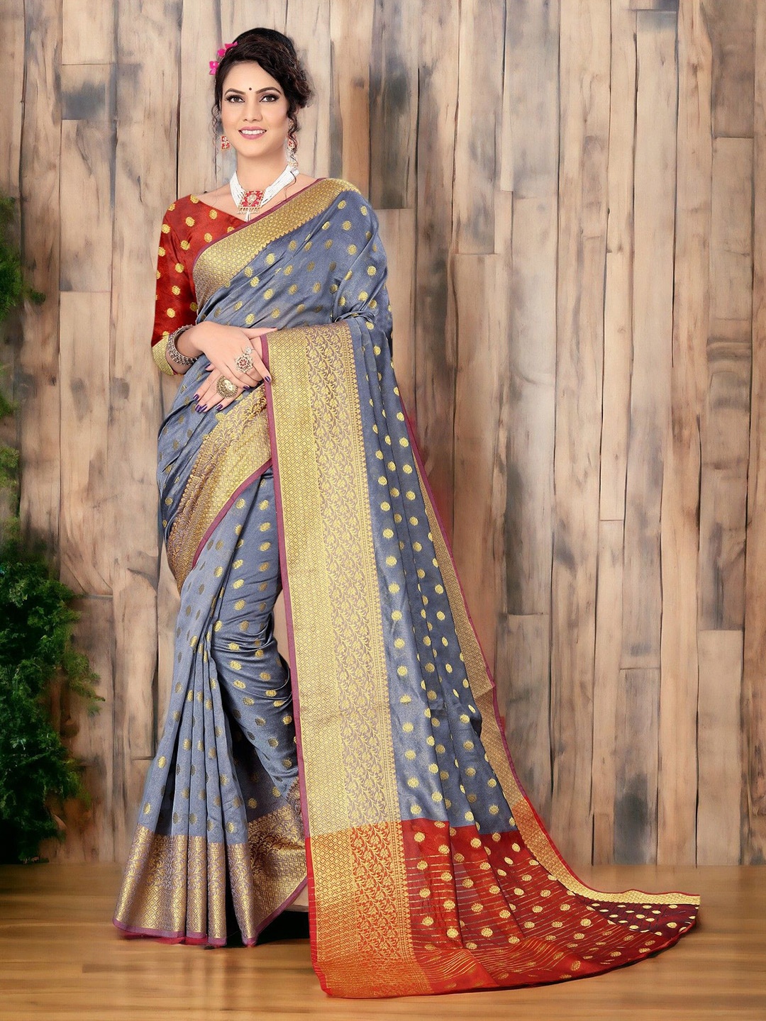 

CARTYSHOP Woven Design Zari Silk Blend Banarasi Saree, Grey