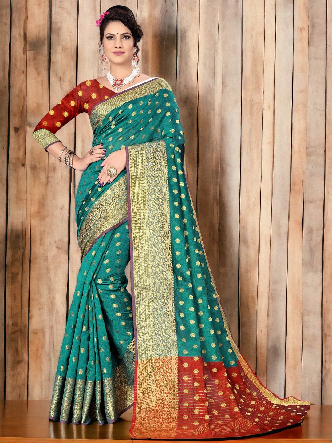 CARTYSHOP Woven Design Zari Silk Blend Banarasi Saree, Sea green
