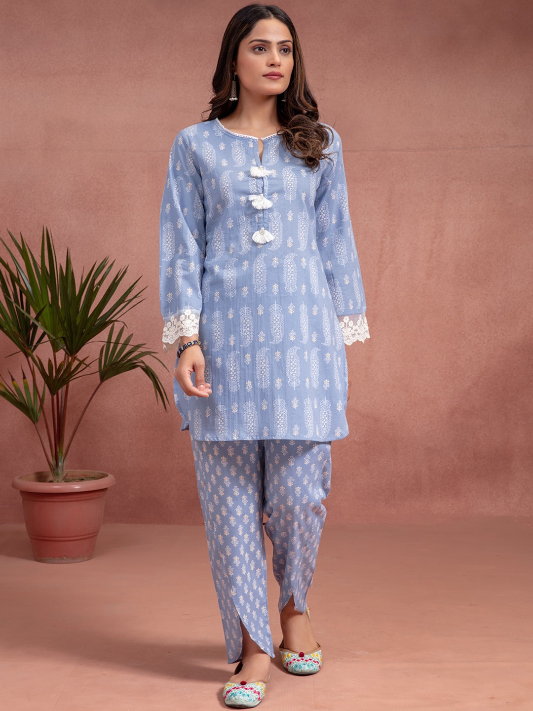 

KASYA Printed Cotton Round-Neck Tunic With Trouser Co-Ords, Blue