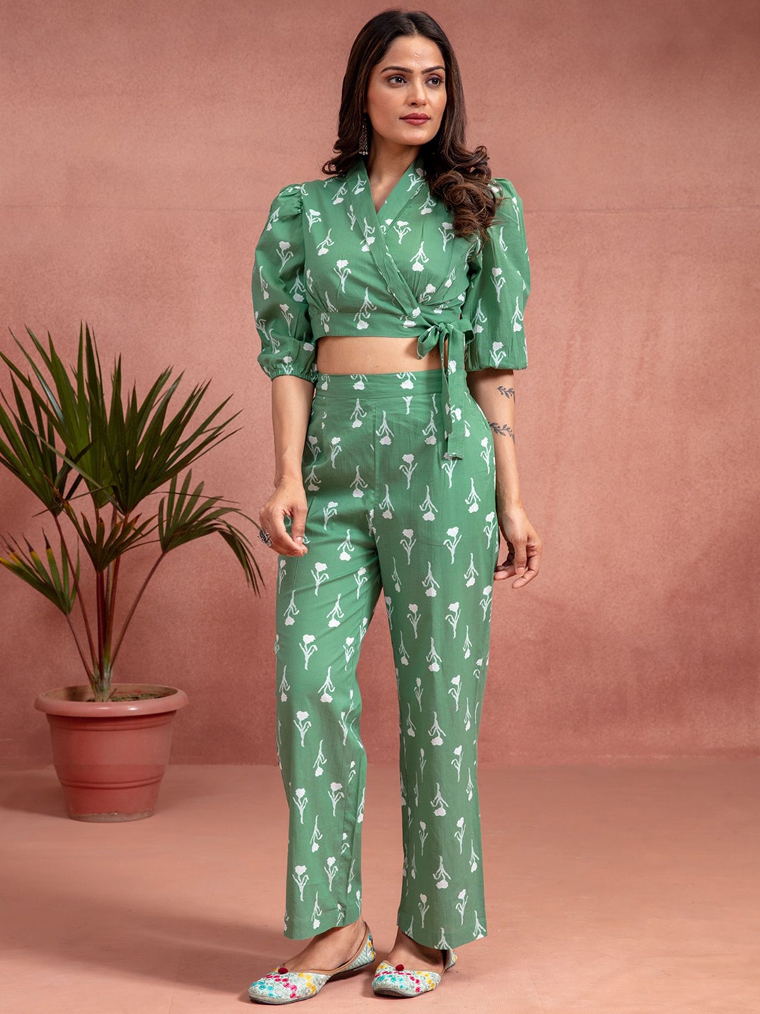 

KASYA Printed Pure Cotton Top & Trousers Co-Ords Set, Green