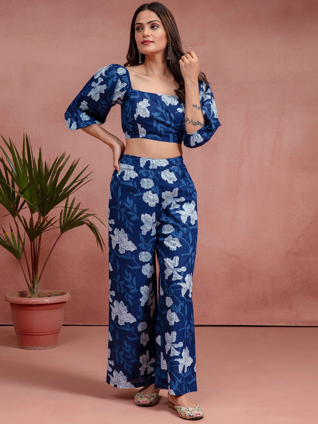 

KASYA Floral Printed Pure Cotton Top & Palazzos Co-Ords Set, Blue