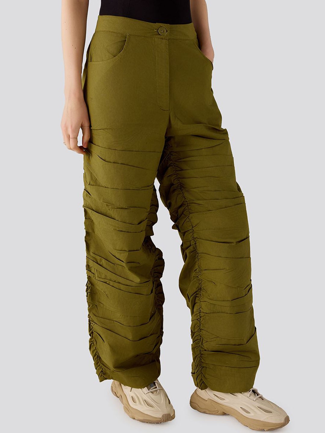 

Muvazo Women Quirky Ruched Pants Trousers, Olive
