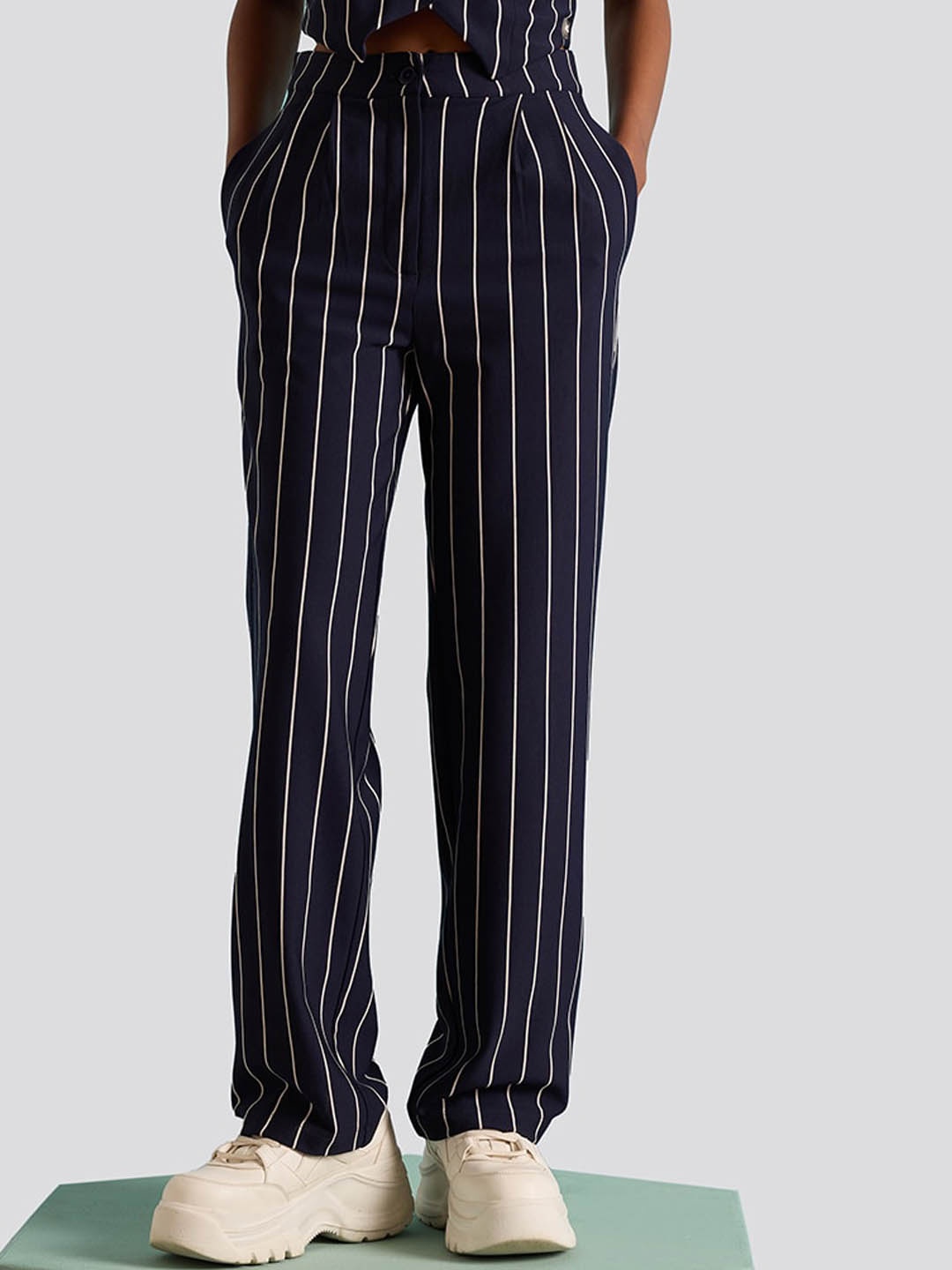 

Muvazo Women Striped Comfort Wrinkle Free Trousers, Navy blue