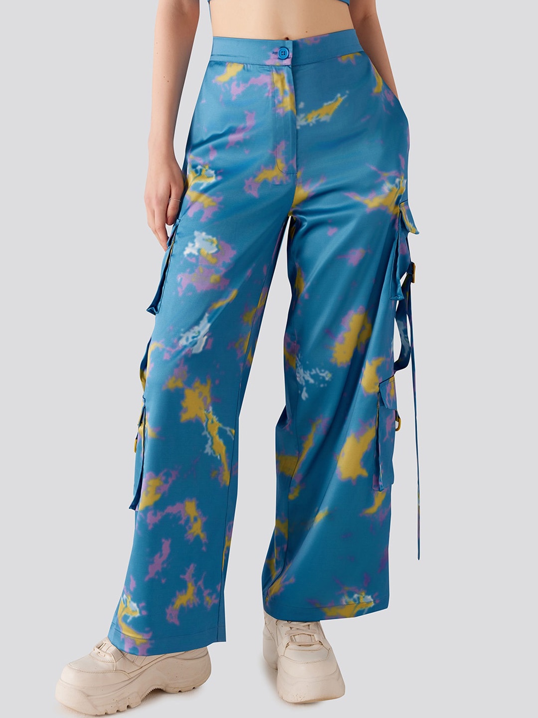 

Muvazo Women Printed Comfort Wrinkle Free Cargos Loose Fit Trousers, Blue