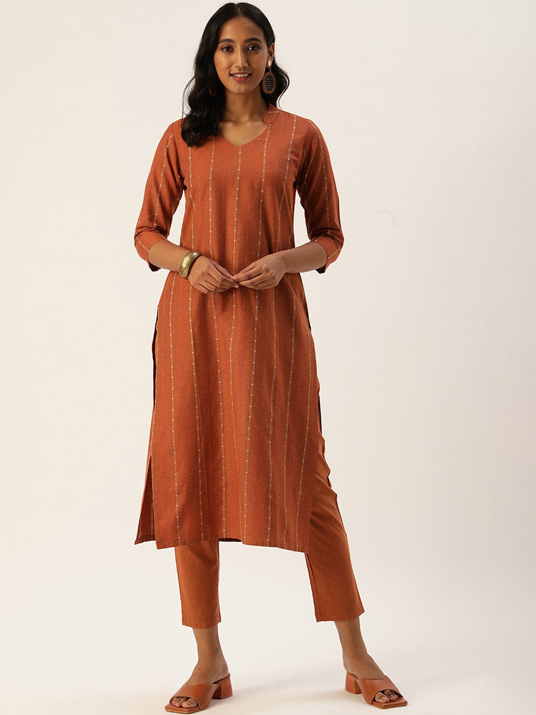 

KALINI Women Striped Regular Thread Work Kurta with Trousers, Rust