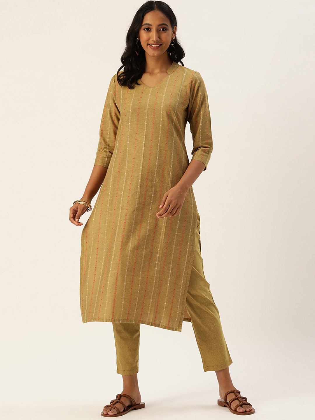 

KALINI Women Striped Regular Thread Work Kurta with Trousers, Yellow