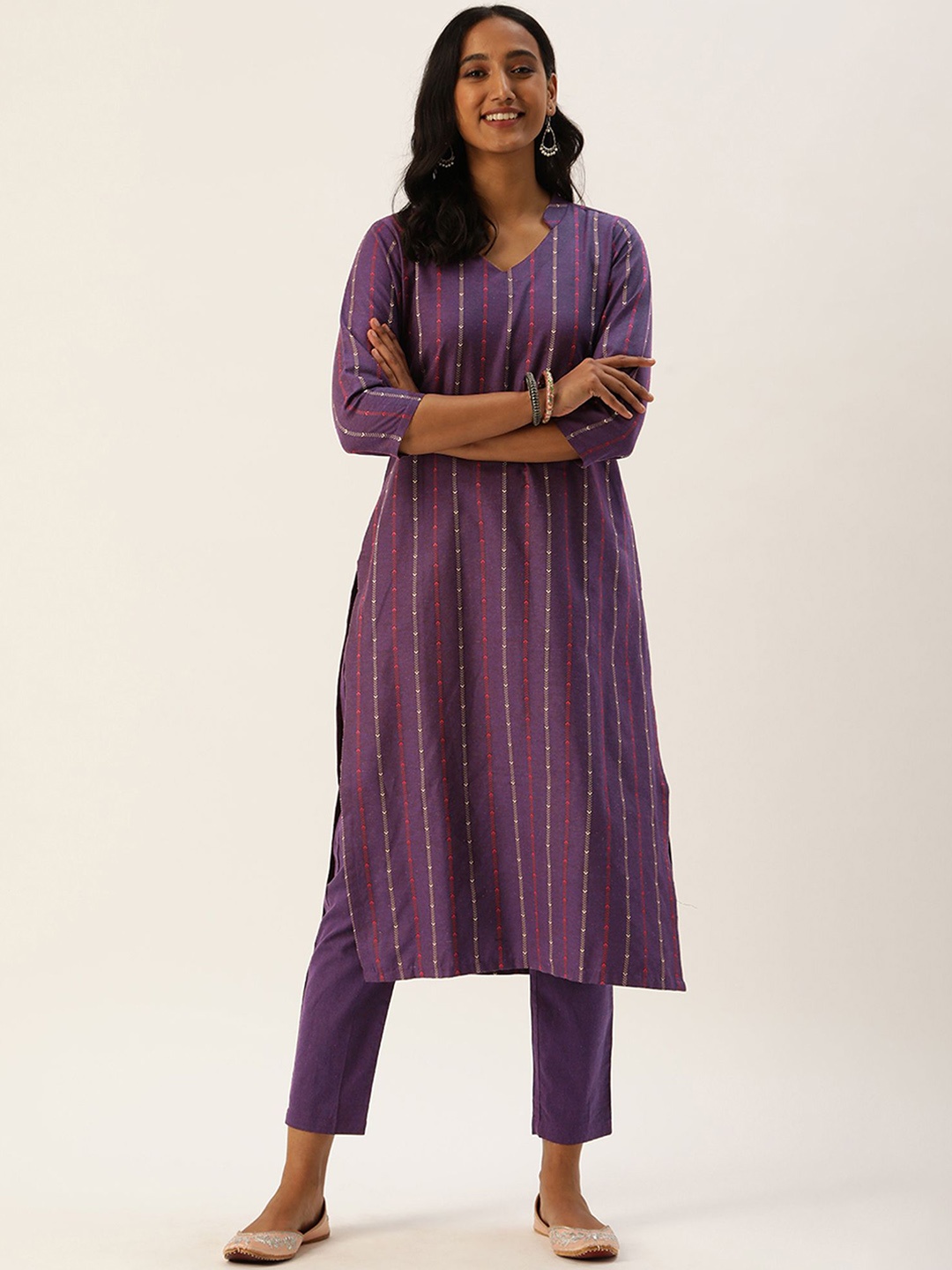 

KALINI Women Striped Regular Thread Work Kurta with Trousers, Violet