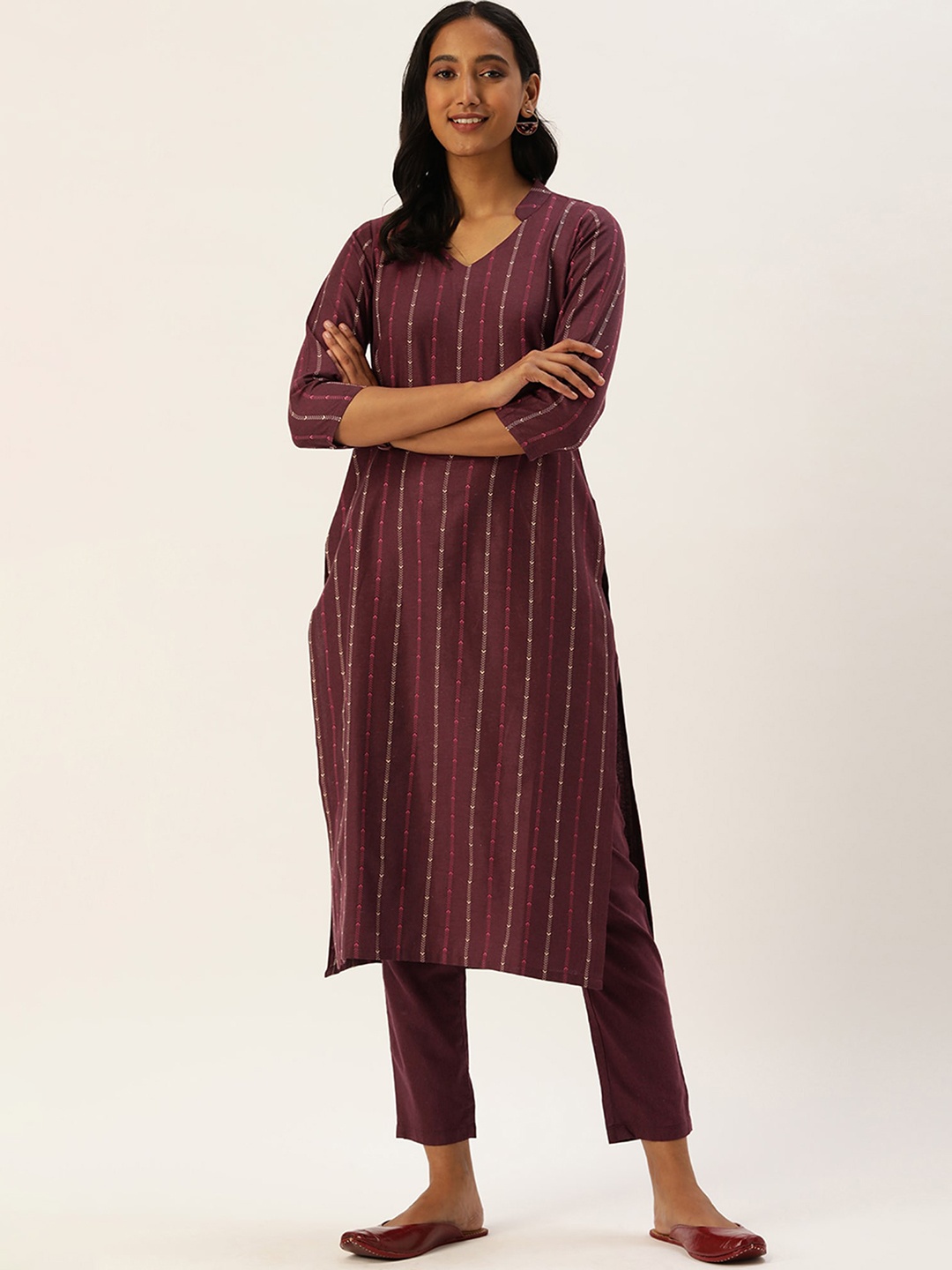 

KALINI Women Striped Regular Thread Work Kurta with Trousers, Maroon