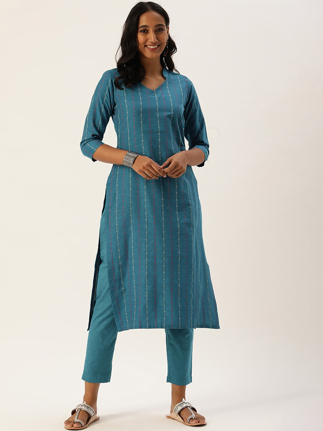 

KALINI Women Striped Regular Thread Work Kurta with Trousers, Blue