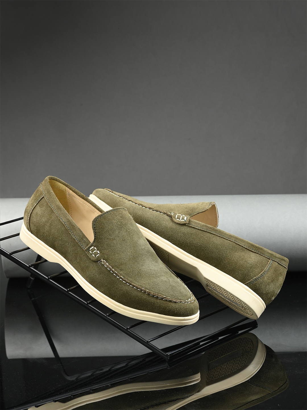 

CARLO ROMANO Men Perforations Suede Slip-On Loafers, Olive